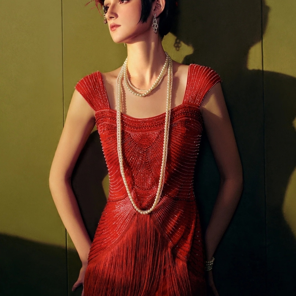 Old World Glamore Dark Red Beaded Fringe Dress